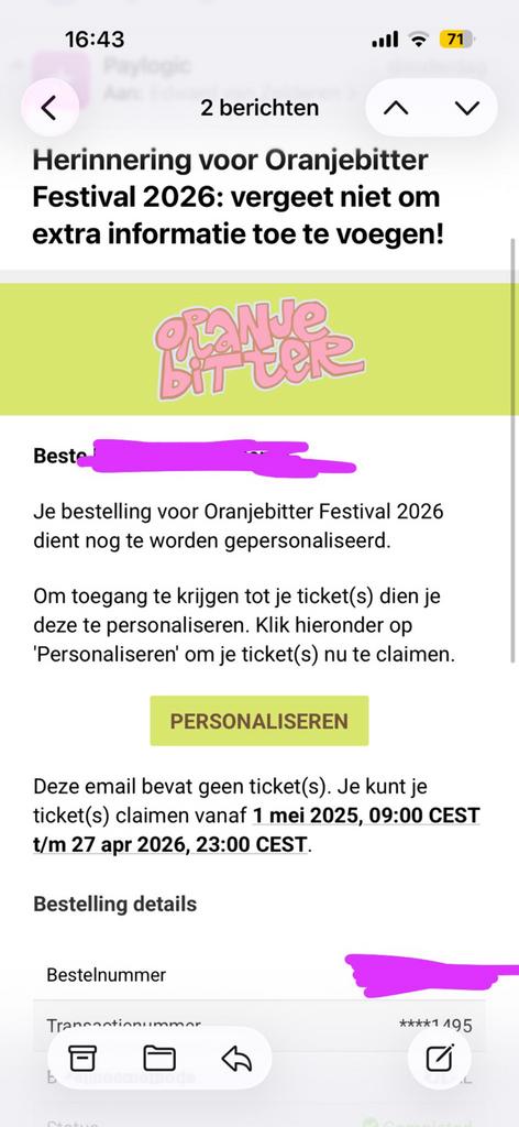 Oranjebitter kaartje Rotterdam 2026! Personaliseren mogelijk, Eén persoon, Overige soorten