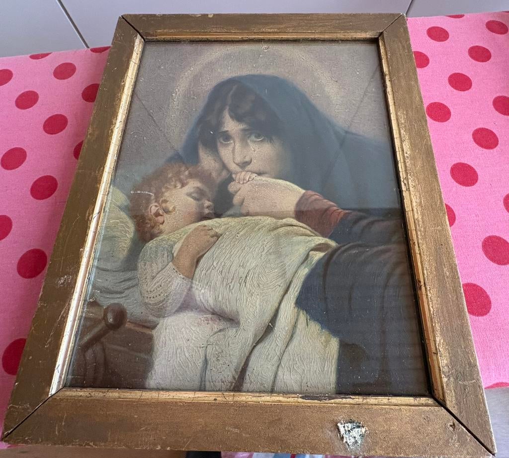 Antiek religie religieus vrouw kind aureool lijst goud hout, Ophalen of Verzenden