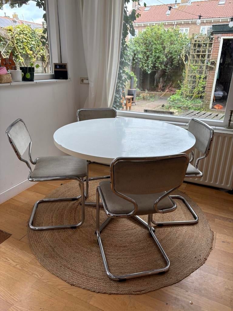 vintage jaren 70 Deense eethoek chroombuis stoelen met tafel, Ophalen, Gebruikt, 100 tot 150 cm, Vintage