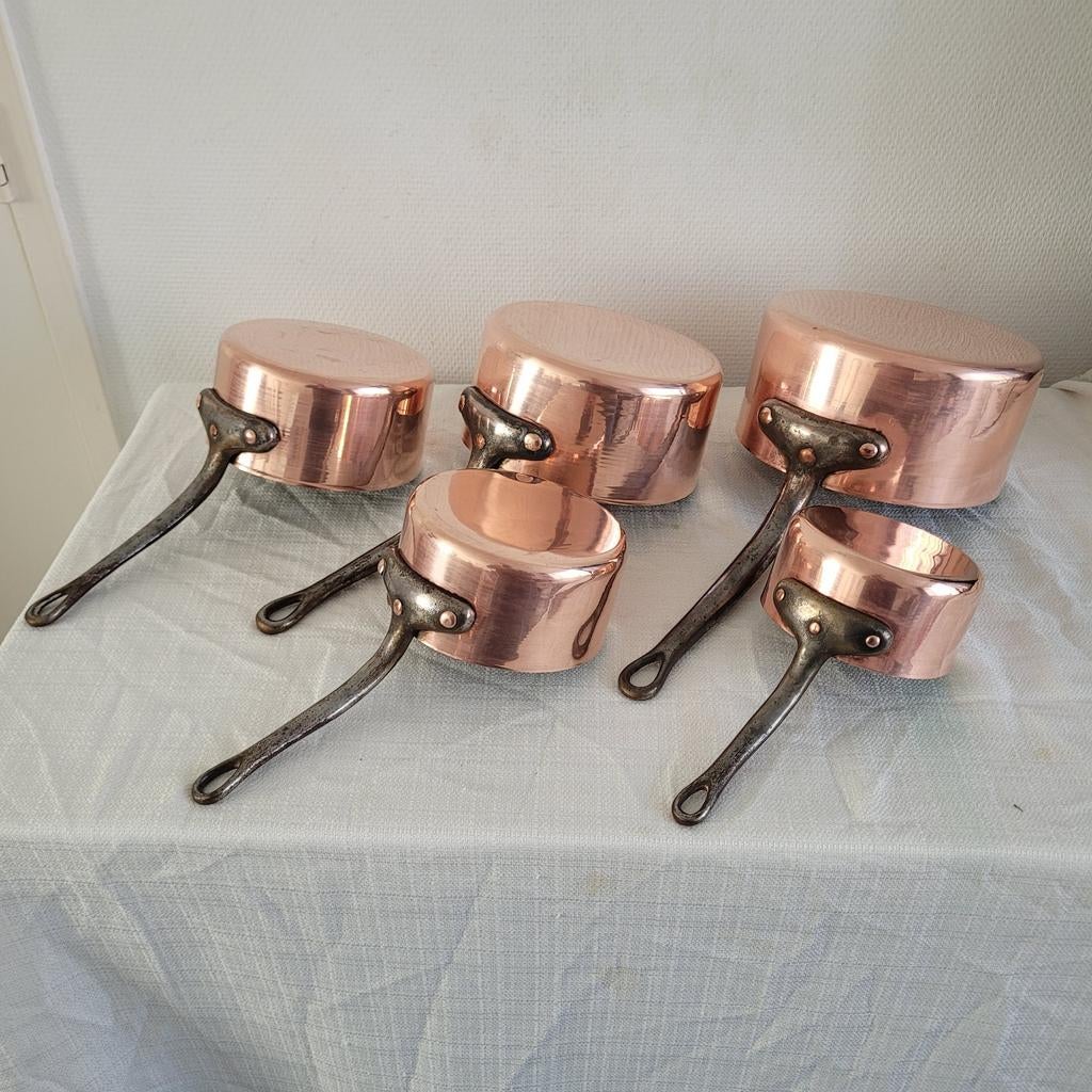 5 antieke zware franse koperen pannen pannenset 3.9 kilo, Huis en Inrichting, Keuken | Potten en Pannen, Ophalen of Verzenden