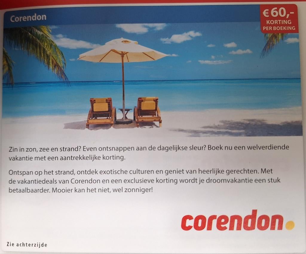 Corendon 60 euro korting per boeking, Tickets en Kaartjes, Drie personen of meer, Kortingsbon