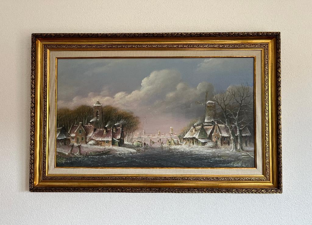 Mooi schilderij winterlandschap op paneel. Thomas Heesakkers