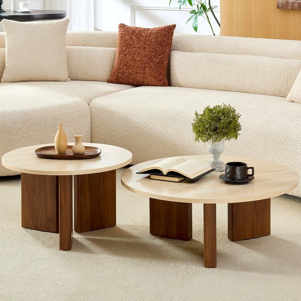 Home Heaven salontafel rond travertin look, Huis en Inrichting, Tafels | Salontafels, Zo goed als nieuw, Minder dan 50 cm, 50 tot 100 cm