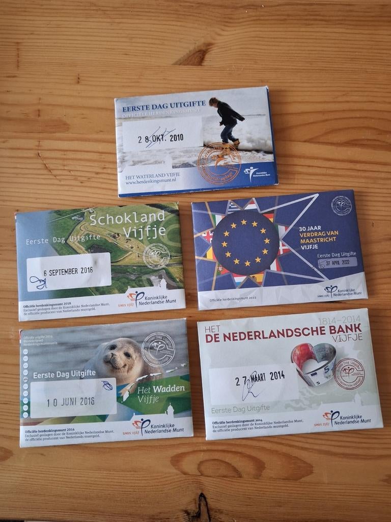 5x Eerste Dag Uitgifte 5 Euro Herdenkingsmunten, Postzegels en Munten, Munten | Nederland, Ophalen of Verzenden, Koningin Beatrix
