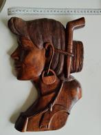 Vintage Houtsnijwerk Krijger Hoofd Wanddecoratie, Houtsnijwerk, Ophalen of Verzenden, Handgemaakt, 20 - 50 cm
