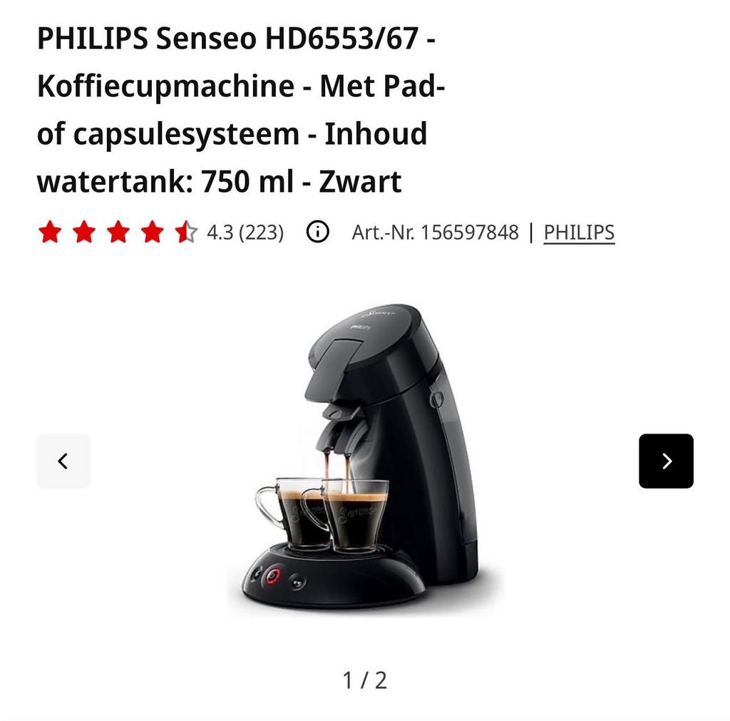Philips Senseo HD6553/67 Koffiecupmachine Zwart, Koffiemachine, Ophalen of Verzenden, Zo goed als nieuw, 2 tot 4 kopjes