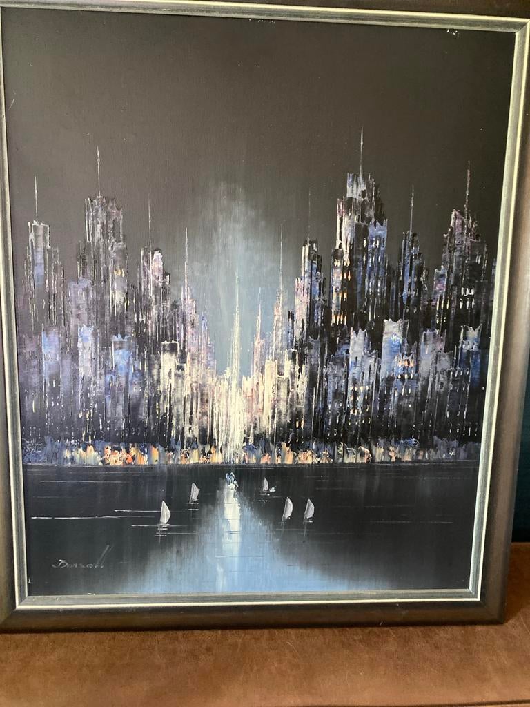Schilderij: Stadsgezicht bij nacht, gesigneerd Bonsall, Antiek en Kunst, Kunst | Schilderijen | Modern, Ophalen of Verzenden