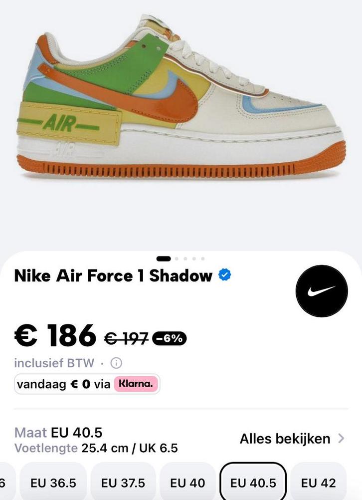 NIKE AIRFORCE 1 shadow  -maat 39 -, Kleding | Dames, Schoenen, Zo goed als nieuw, Sneakers of Gympen, Overige kleuren, Ophalen