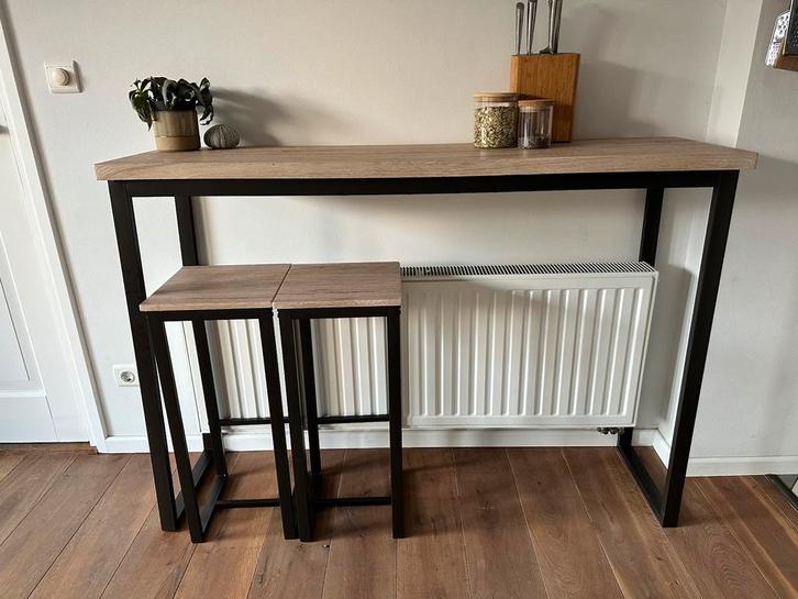 Bartafel net twee krukken, Huis en Inrichting, Tafels | Sidetables, Zo goed als nieuw, 25 tot 50 cm, 100 tot 150 cm, Rechthoekig