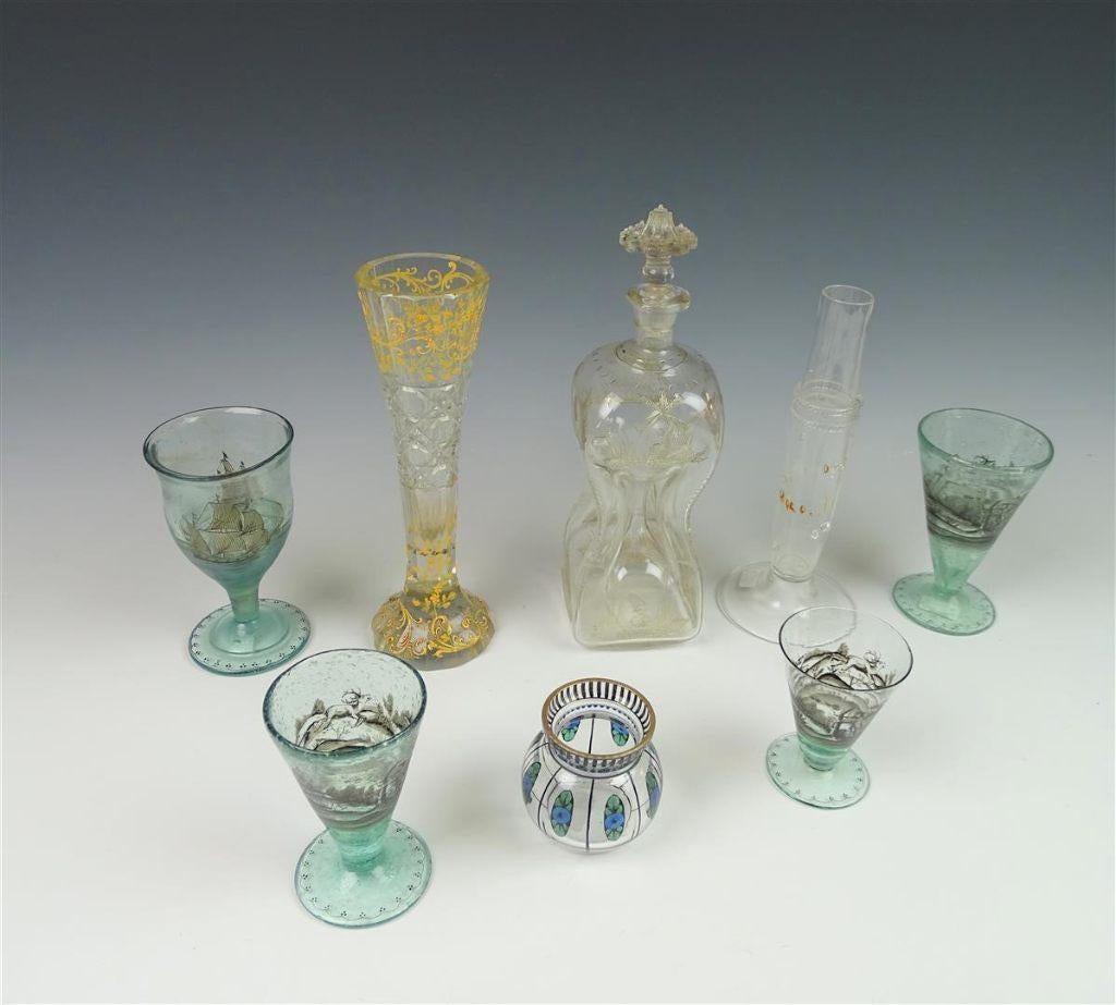 Antiek Glaswerk Gebrandschilderd Karlsbad Moser Knijpfles, Antiek en Kunst, Ophalen of Verzenden