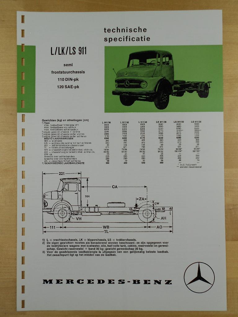 Mercedes 911 L LK LS 1973 Torpedo Specificatie Brochure, Zo goed als nieuw, Mercedes-Benz, Mercedes, Ophalen of Verzenden