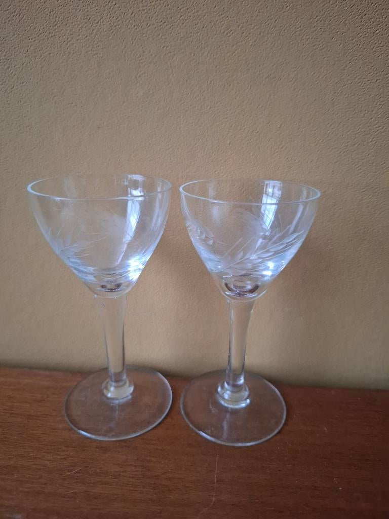 Set van 2 vintage borrelglaasjes met graanmotief, Antiek en Kunst, Antiek | Glas en Kristal, Ophalen of Verzenden
