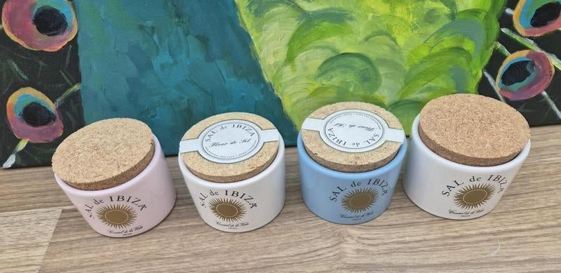 Vier lege potjes van Sal de Ibiza wit, roze en blauw, Ophalen of Verzenden, Zo goed als nieuw, Voorraadpot, Steen/keramiek