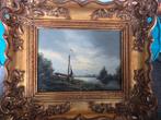 Schilderij Willem Kroon - Hollands Landschap met Boot (35x30, Antiek en Kunst, Kunst | Schilderijen | Klassiek, Ophalen of Verzenden