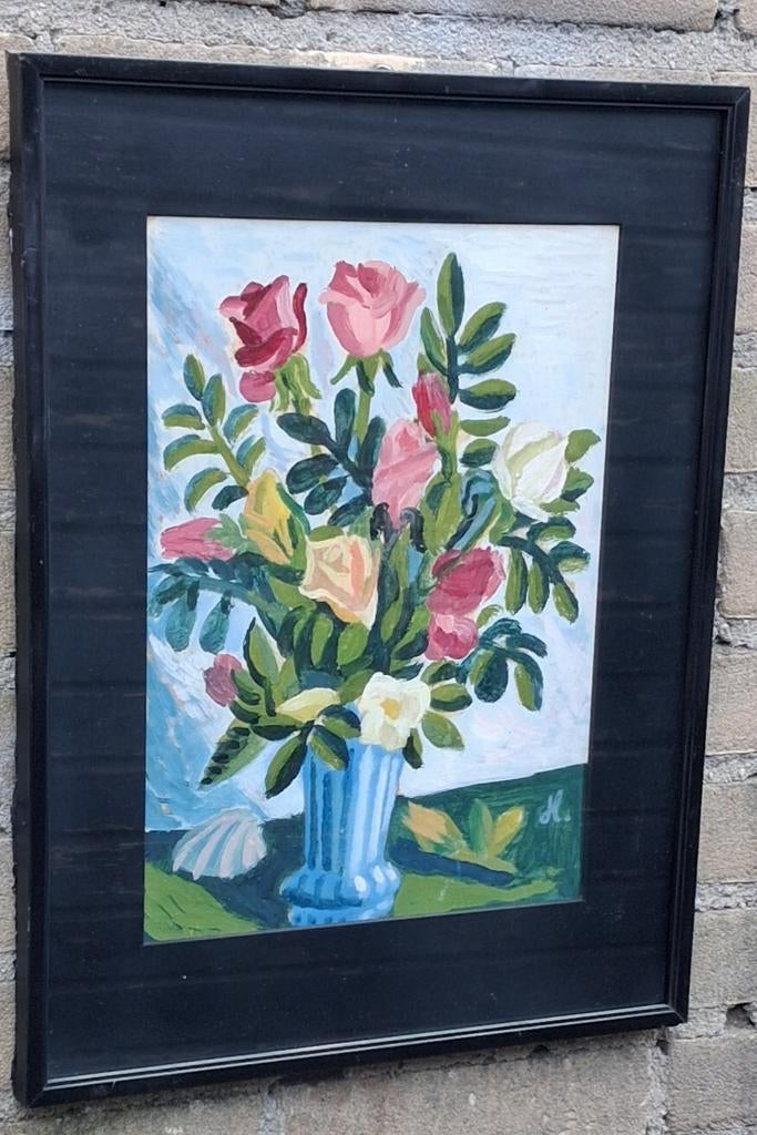 Naïef stilleven. Rozen. Gouache. Sign. 34/34 cm. Ca'40/'60., Antiek en Kunst, Ophalen