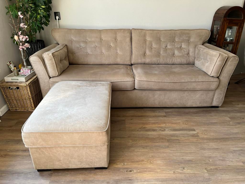 3 zits bank met hocker kleur zand, Ophalen, Gebruikt, Stof