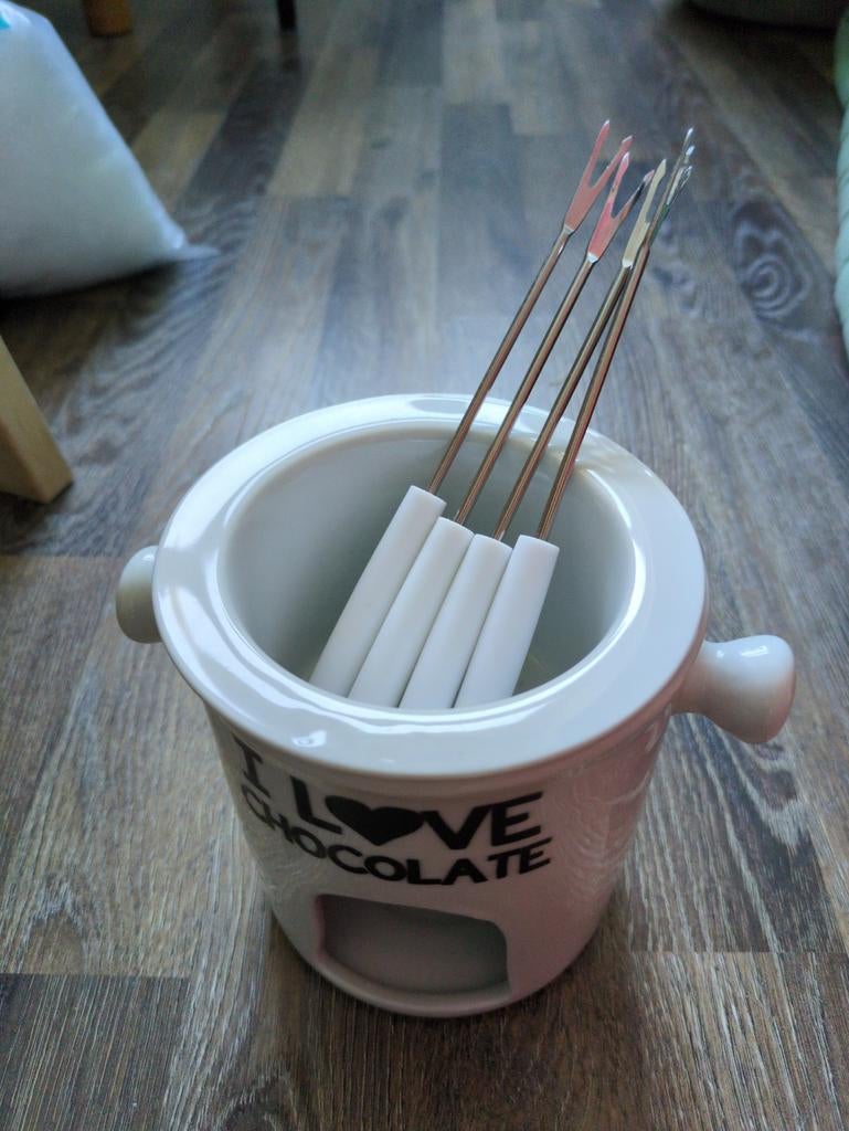 Chocoladefondue set "I Love Chocolate" met 4 vorkjes, Ophalen, Zo goed als nieuw, Overige typen