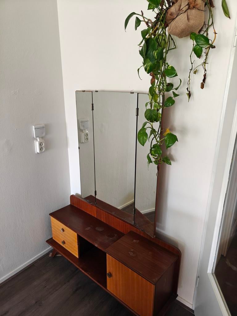 Vintage Teakhouten Kaptafel met Spiegel, Huis en Inrichting, Tafels | Kaptafels, Ophalen, Gebruikt, 100 tot 150 cm, 100 tot 150 cm