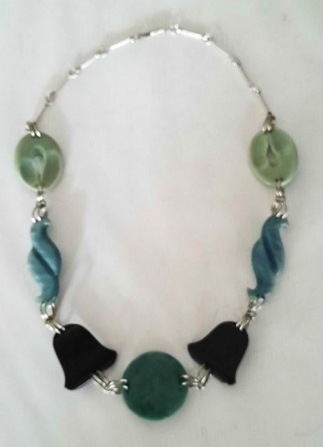 Jakob Bengel art deco halsketting groen en zwart galaliet (4, Ophalen, Zo goed als nieuw, Groen, Overige materialen