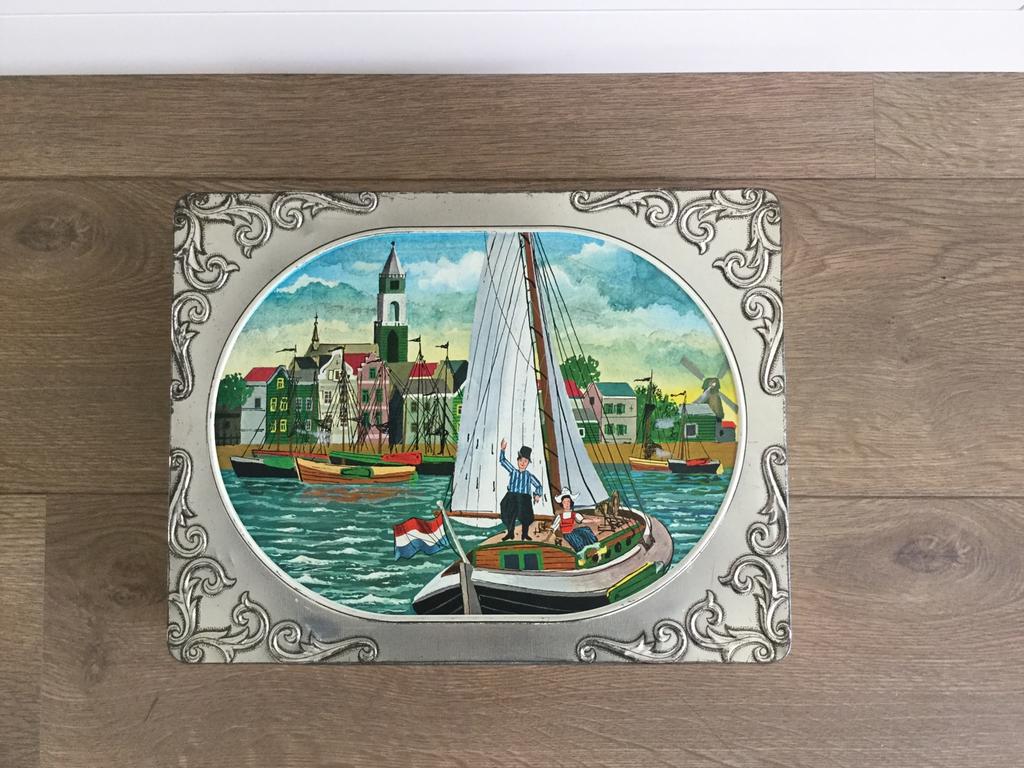 Zeldzaam vintage koekjestrommel blik Patria schipper, Ophalen of Verzenden, Gebruikt, Koek(jes), Overige merken