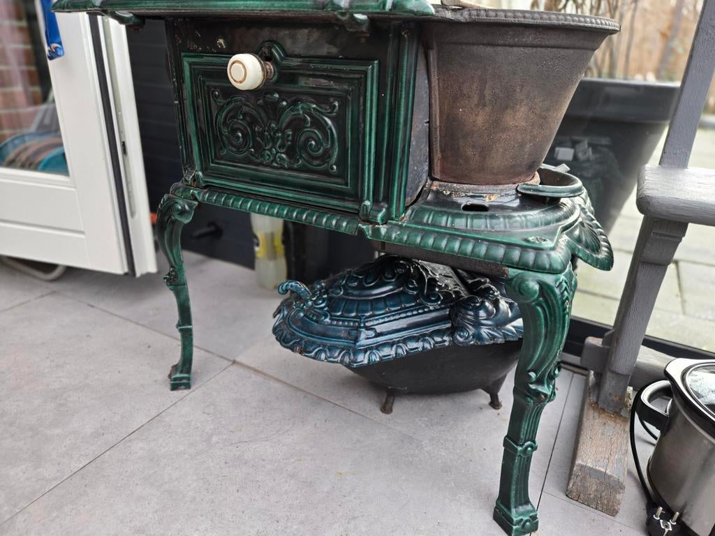 Antiek Godin emaille fornuis Bruxelles - Groen, Witgoed en Apparatuur, Fornuizen, Ophalen of Verzenden, Vrijstaand, Gas, 4 kookzones