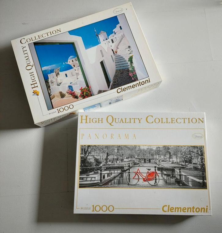 SET 2X Puzzel 1000 Clementoni NIEUW Amsterdam Santorini, Hobby en Vrije tijd, Denksport en Puzzels, Nieuw, Legpuzzel, 500 t/m 1500 stukjes