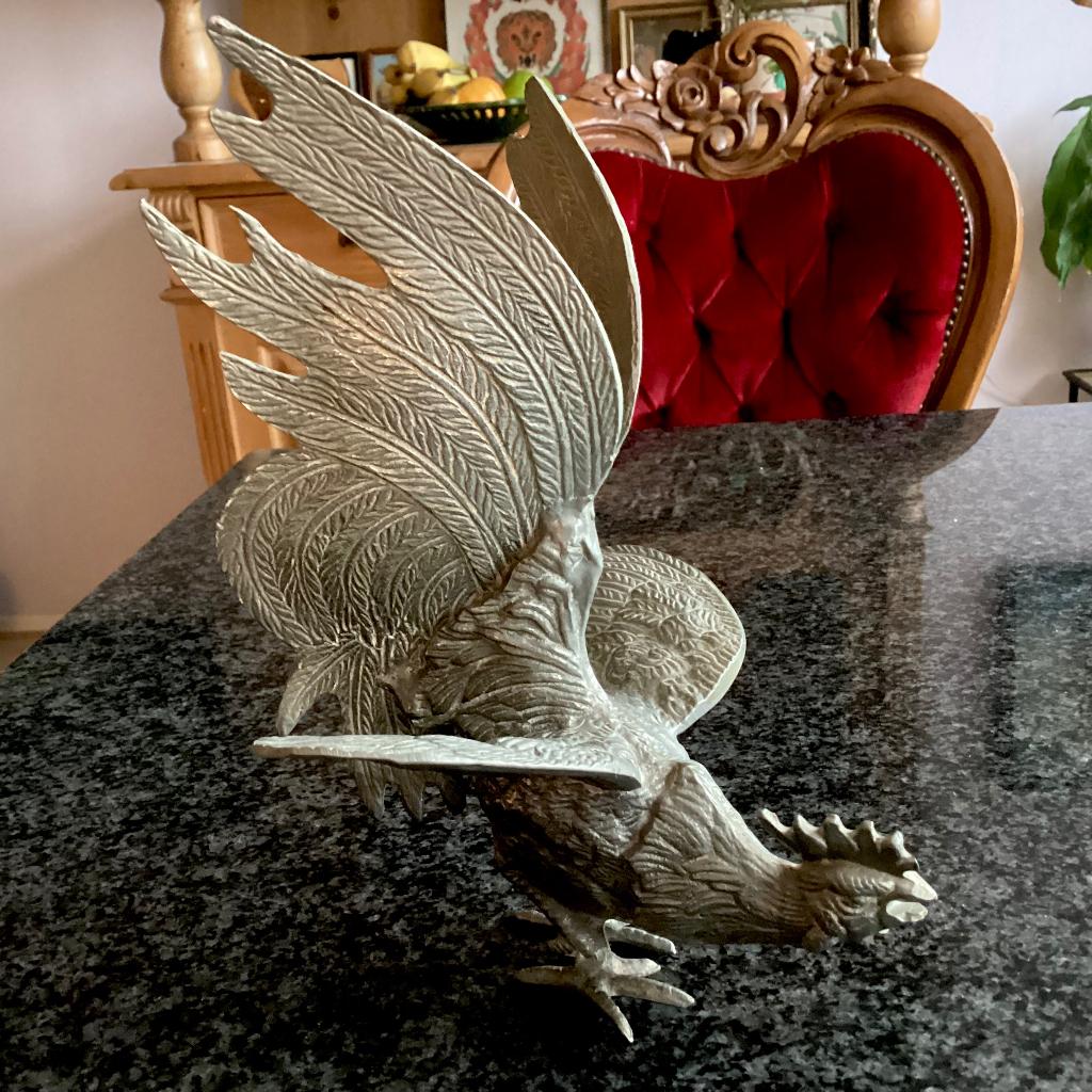 Haan, metaal, zilvertin of verzilverd, beeld, vintage, Antiek en Kunst, 20 - 50 cm, Overige materialen, Beeld, Klassiek