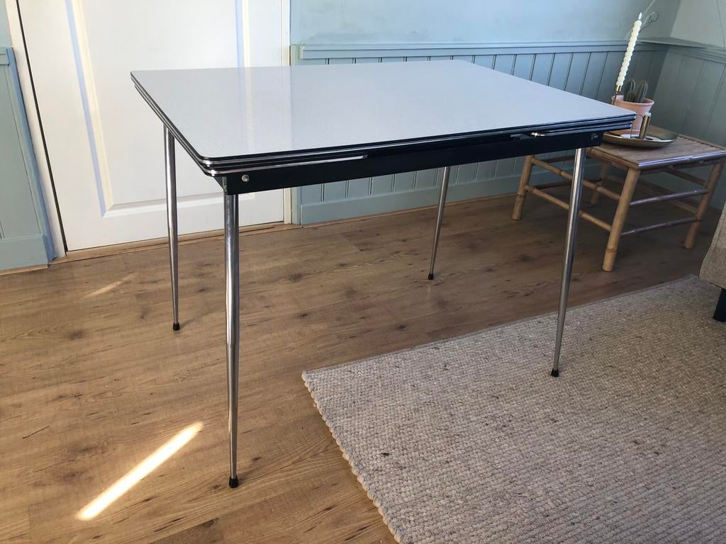 Vintage 50s 60s formica uitschuiftafel chrome, Ophalen, 100 tot 150 cm, 50 tot 100 cm, Rechthoekig