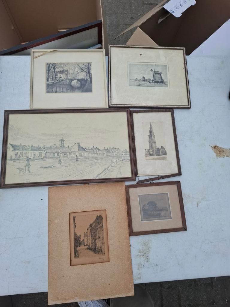 Zes ingelijste etsen met diverse landschappe, Antiek en Kunst, Kunst | Etsen en Gravures, Ophalen of Verzenden