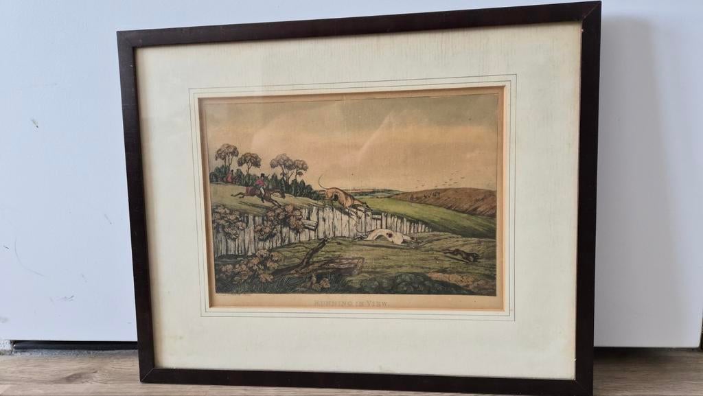 Antieke jachtscène prent: 'Running in View', Antiek en Kunst, Kunst | Etsen en Gravures, Ophalen, Ingelijst, 1800 - 1899, Overige technieken