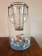 Grote glazen pot met waxinelichtje en schelpendecorati, Ophalen of Verzenden