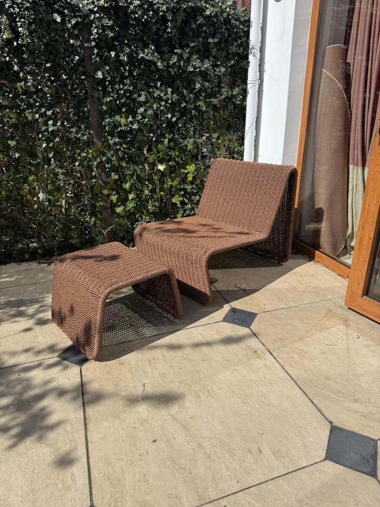 Westwing tuinstool Hank - stoel met voetenbank, Huis en Inrichting, Stoelen, Ophalen, Bruin, Riet of Rotan, Zo goed als nieuw