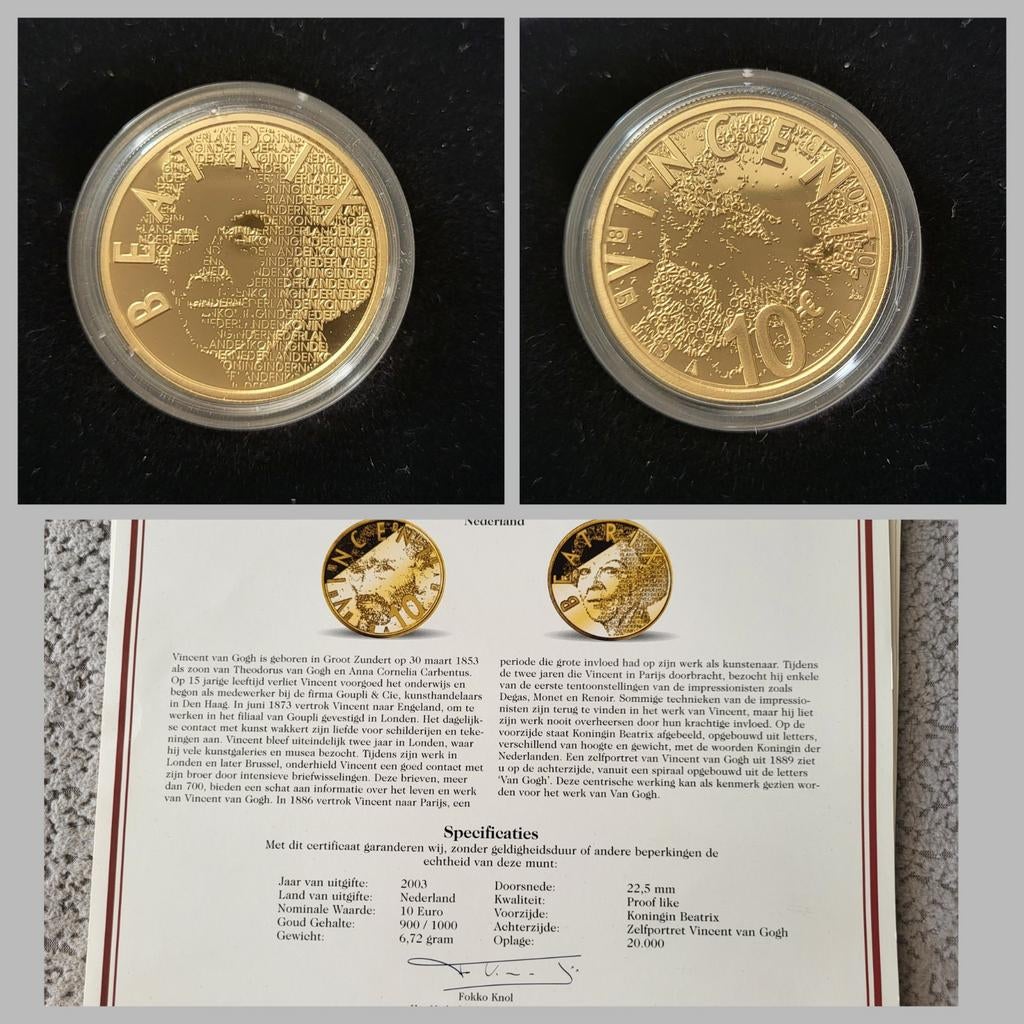 Van Gogh 10 Euro gouden herdenkingsmunt 2003 proof, Ophalen of Verzenden, Overige landen, 10 euro
