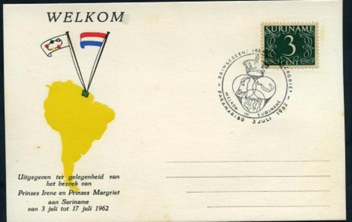 Suriname 1962 Bezoek Pr. Irene en Pr. Margriet Oranje, Postzegels en Munten, Brieven en Enveloppen | Nederland, Briefkaart, Ophalen of Verzenden