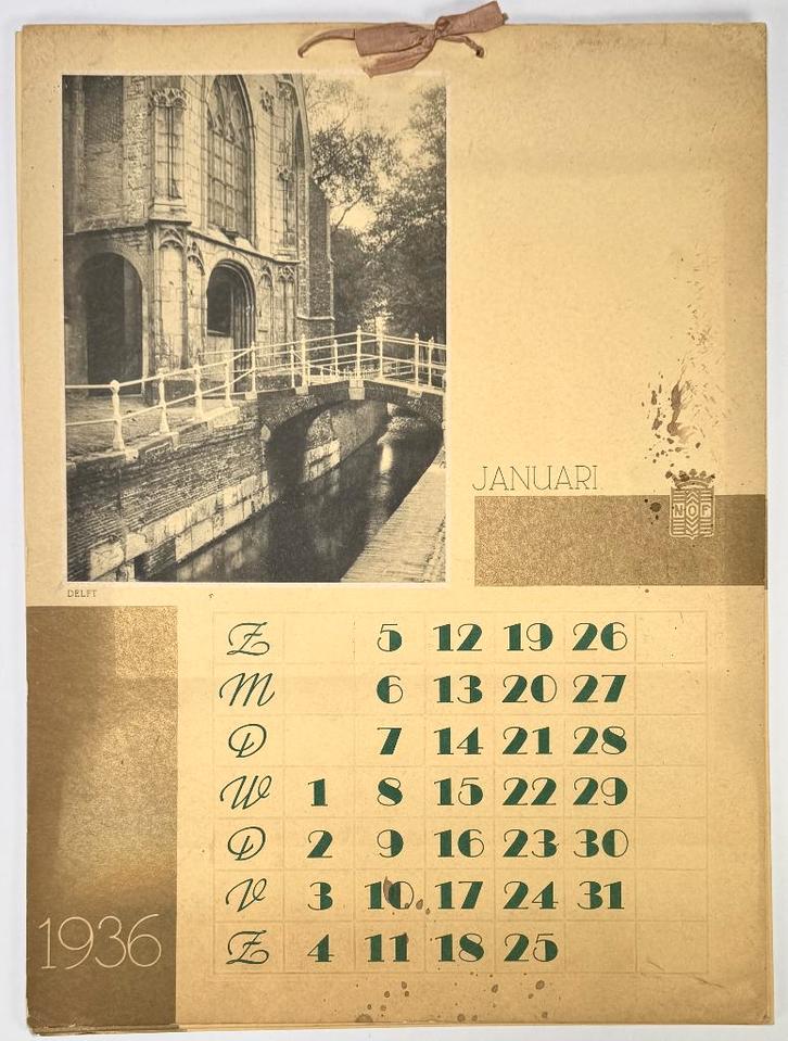 254. Kalender, N.O.F. – Delft stadsgezicht, Art Deco, 1936, Antiek en Kunst, Kunst | Overige Kunst, Ophalen of Verzenden