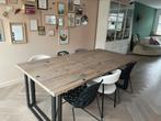 Eikenhouten wagondelen tafel met stalen poten, Ophalen, Eikenhout, 200 cm of meer, Zo goed als nieuw