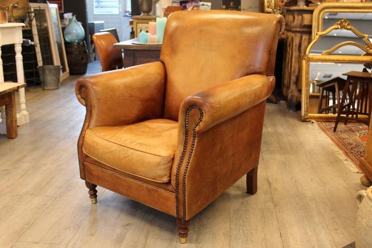 Brocante - Rustieke lederen relax-fauteuil!, Huis en Inrichting, Fauteuils, Gebruikt, Hout, Leer, Metaal, 75 tot 100 cm, 75 tot 100 cm