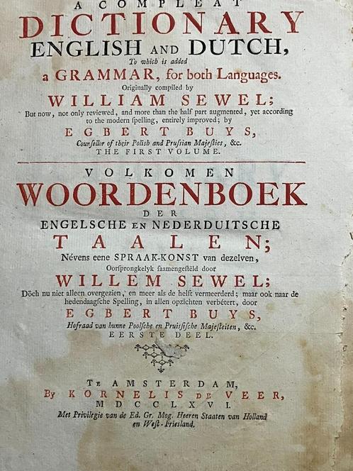 1766. VOLKOMEN WOORDENBOEK DER NEDERDUITSCHE EN ENGELSCHE TA, Antiek en Kunst, Antiek | Boeken en Bijbels, Verzenden