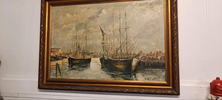 Schilderij: Schepen in de haven, Volcoff, Antiek en Kunst, Kunst | Schilderijen | Klassiek, Ophalen