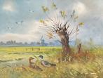 Henk Poeder (1964) - Eenden met kuikens aan de waterkant, Antiek en Kunst, Kunst | Schilderijen | Klassiek, Ophalen of Verzenden
