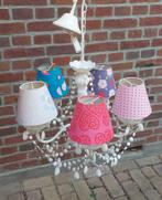 Kroonluchter met gekleurde kapjes, Huis en Inrichting, Lampen | Kroonluchters, Ophalen of Verzenden, Gebruikt, Stof, Vintage
