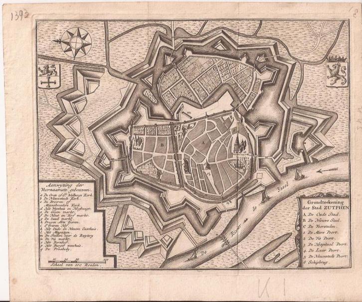 Arnhem. Grondteekening der Stad Arnhem. Tirion ca. 1749, Antiek en Kunst, Kunst | Etsen en Gravures, Ophalen of Verzenden