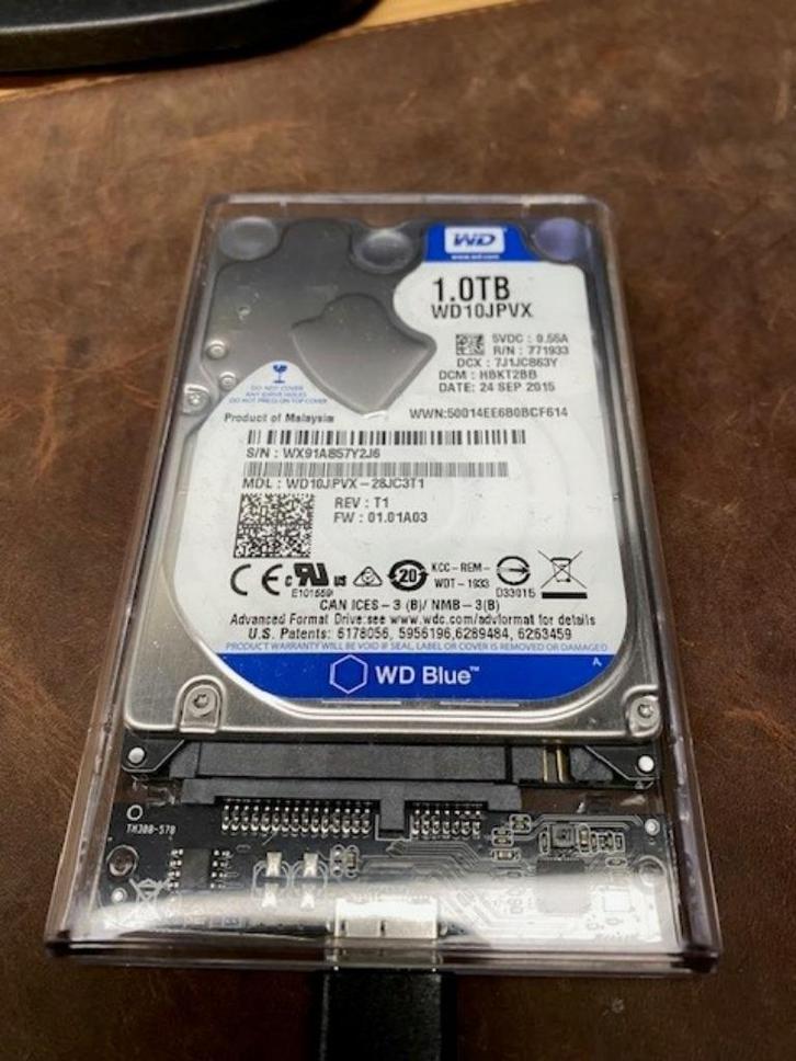 1TB Externe harde schijf hdd WD Blue transparante 2.5", Computers en Software, Harde schijven, Zo goed als nieuw, Desktop, Extern