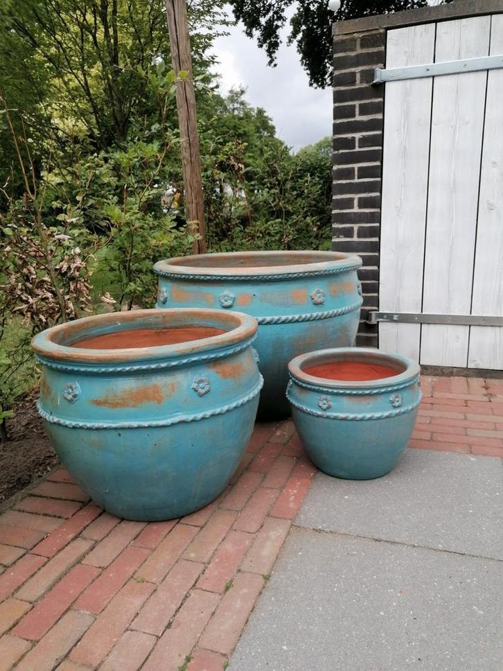 Super mooie grote bloempotten keramiek set van 3, Tuin en Terras, Bloempotten, Nieuw, Aardewerk, Binnen, Balkon, Tuin, 40 tot 70 cm
