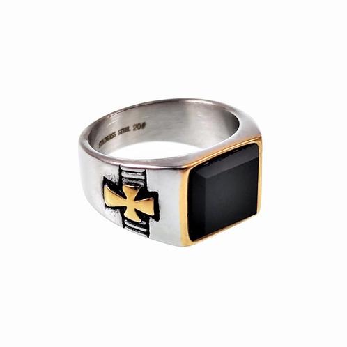 Zegelring Heren Stalen Zilver en Goud Kleur Ring Onyx Steen, Sieraden, Tassen en Uiterlijk, Ringen, Nieuw, Heer, 17 tot 18, Zilver