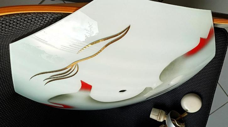 plafonnière /plafondlamp ,schitterende kleuren en goud - 50s, Huis en Inrichting, Lampen | Plafondlampen, Gebruikt, Glas, Kunststof