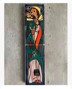 Antieke keramiek tegel, op hout, Maria /kind, 30 cm hoog, Antiek en Kunst, Ophalen of Verzenden
