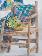 Aquarel Stilleven met stoel , bloemen en schilderij 1992, Antiek en Kunst, Kunst | Tekeningen en Foto's, Verzenden