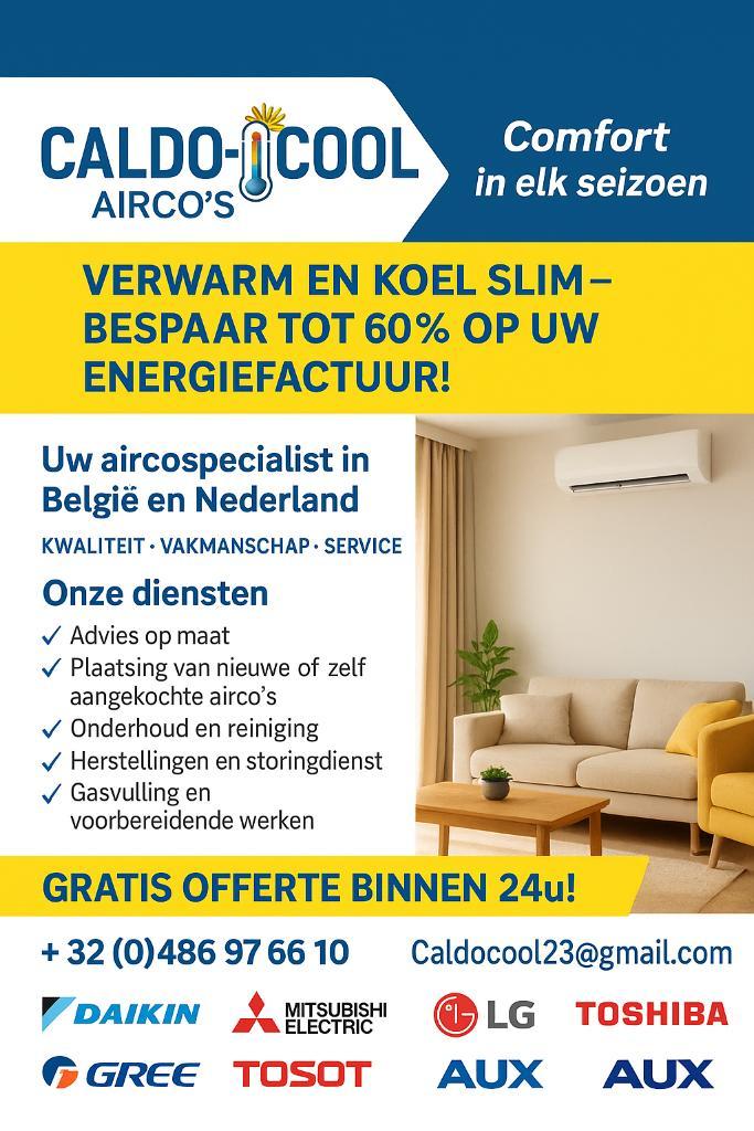 CALDO-COOL UW AIRCOSPECIALIST KOELEN EN VERWARMEN, Witgoed en Apparatuur, Airco's, Nieuw, Wandairco, 100 m³ of groter, 3 snelheden of meer