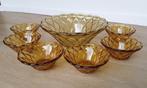 Vintage glazen schalen set, oker geel/Amber, 7-delig, Antiek en Kunst, Antiek | Glas en Kristal, Ophalen of Verzenden